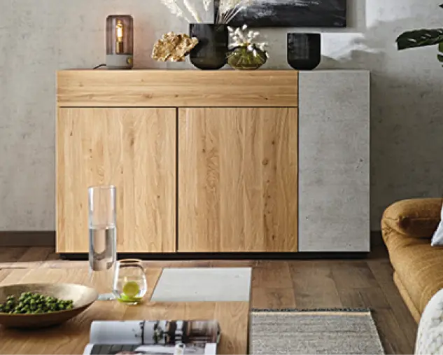 Zeitloses Sideboard aus Massivholz mit Front in Betonoptik, dekorativ eingerichtet im Wohnbereich, Stauraummöbel für modernes Wohnen mit natürlichem Materialmix